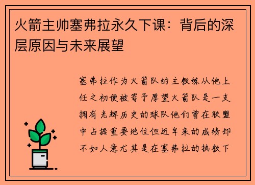 火箭主帅塞弗拉永久下课：背后的深层原因与未来展望