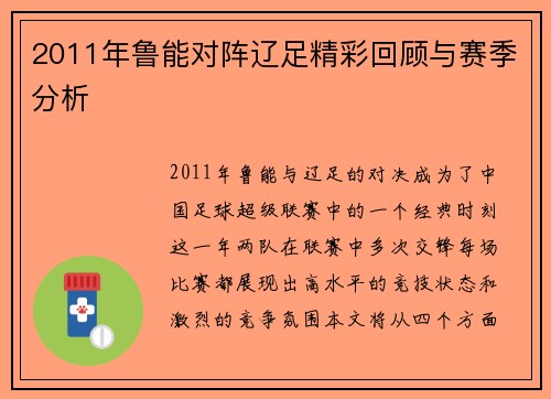 2011年鲁能对阵辽足精彩回顾与赛季分析