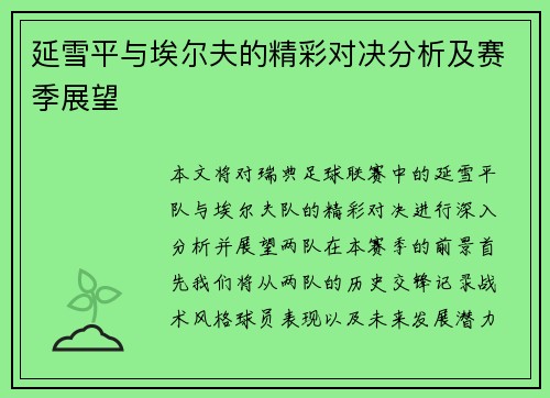 延雪平与埃尔夫的精彩对决分析及赛季展望